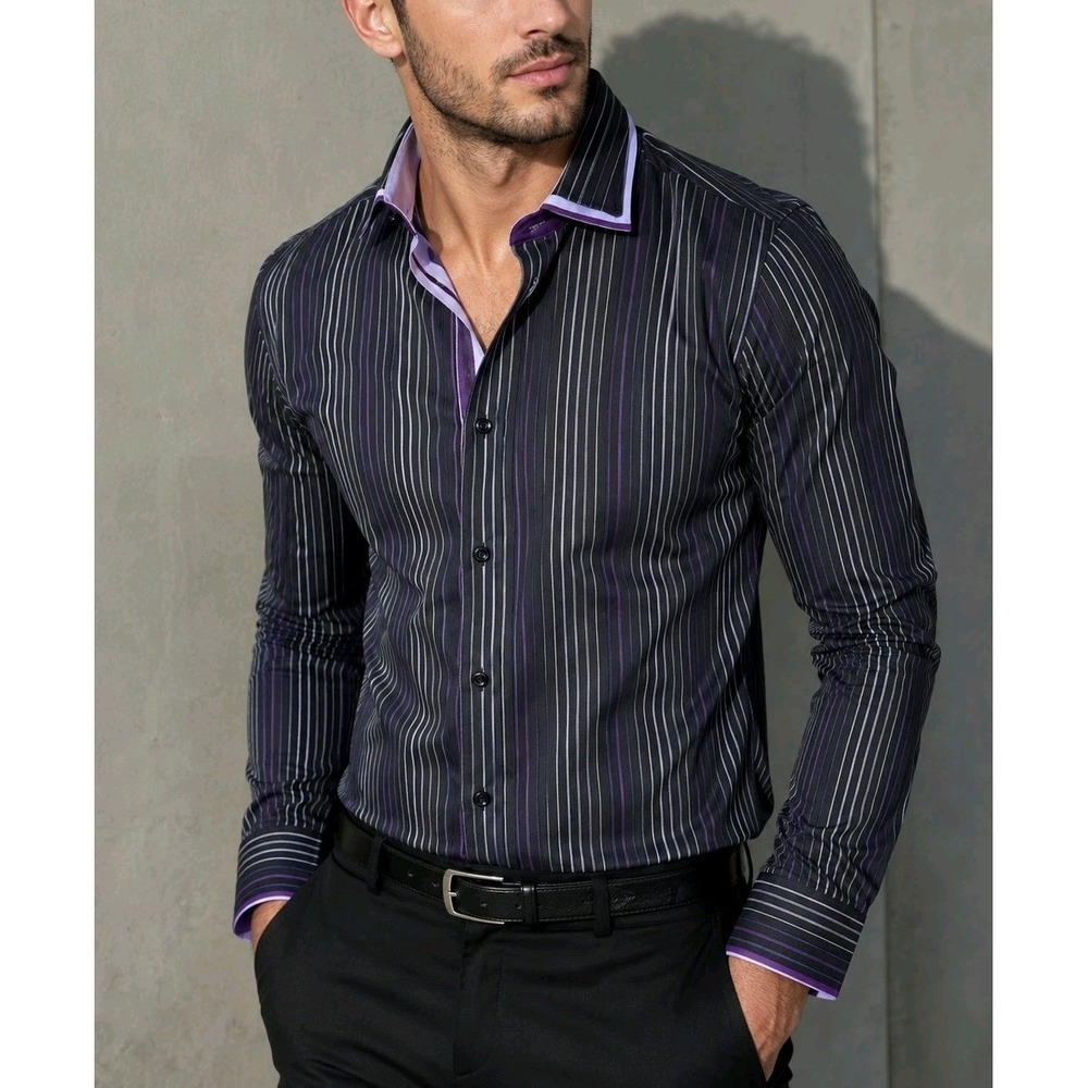 Palenzo Uomo Men's Stripe Dress Shirt Purple Gray Button Up Size M NWT
